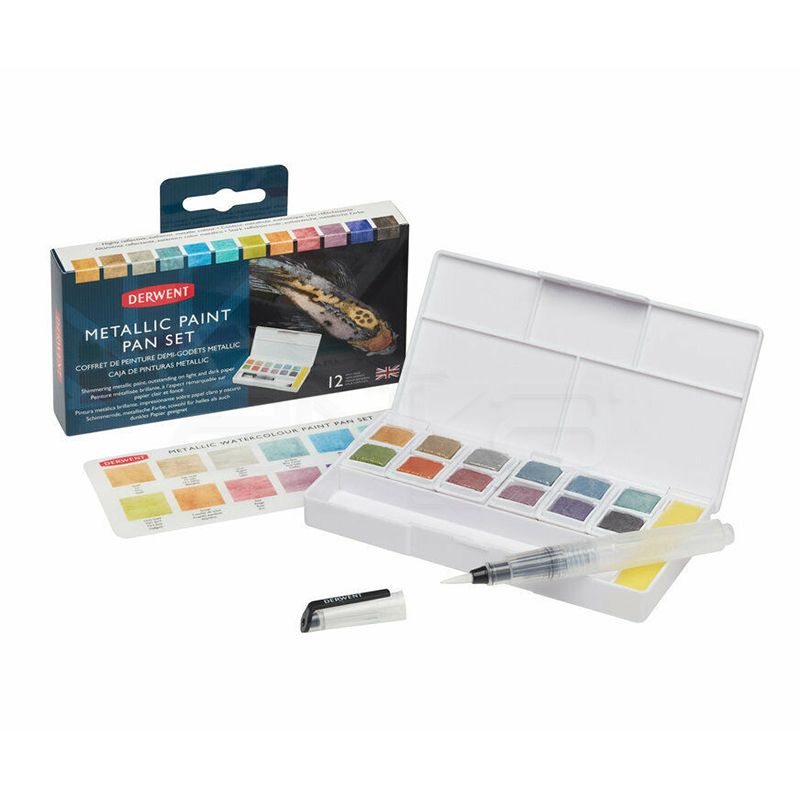 Derwent - Derwent Metallic Paint Pan Set Fırça ve Süngerli 12li 2305657