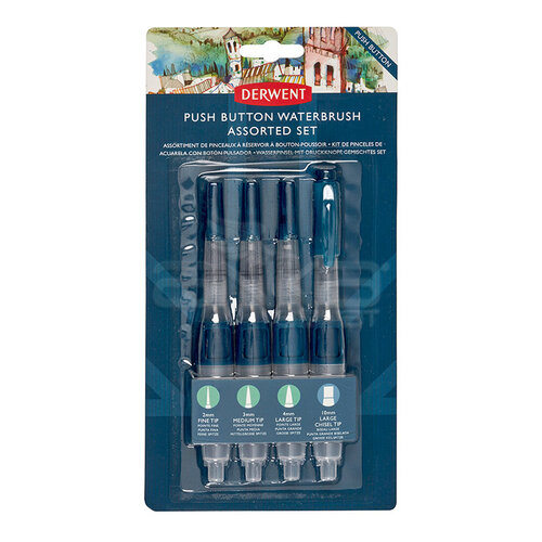 Derwent Push Button Waterbrush Hazneli Sulu Boya Fırçası 4lü Set