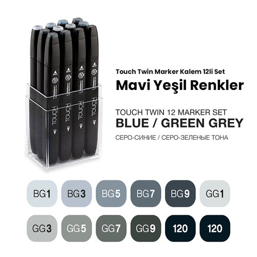 Touch Twin Marker Kalem 12li Set Mavi Yeşil Renkler