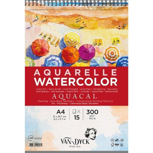 Van Dyck Aquacal Cold Press Üstten Spiralli Sulu Boya Bloğu 300g 15 Yaprak