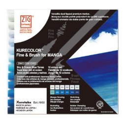 Marvy - Zig Kurecolor Fine & Brush for Manga 12li Set Blue Tones