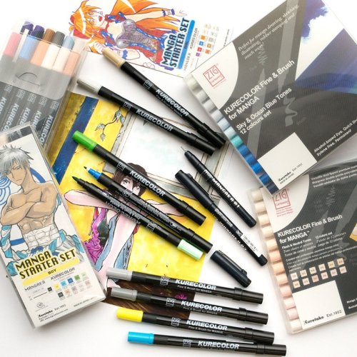 Zig Kurecolor Fine & Brush for Manga 12li Set Blue Tones