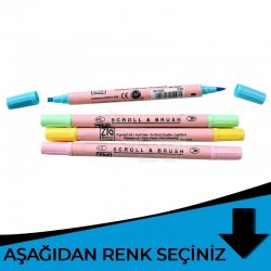 Zig - Zig Scroll & Brush Çift Çizgi ve Fırça Uçlu Kaligrafi Kalemi Mavi Tonlar